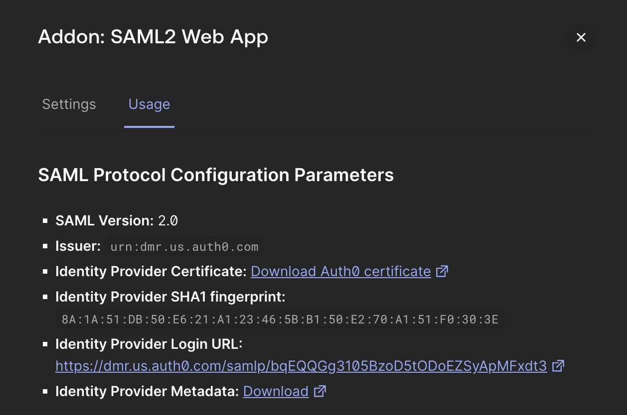 Configuration parameter screenshot for SSO integration in Auth0