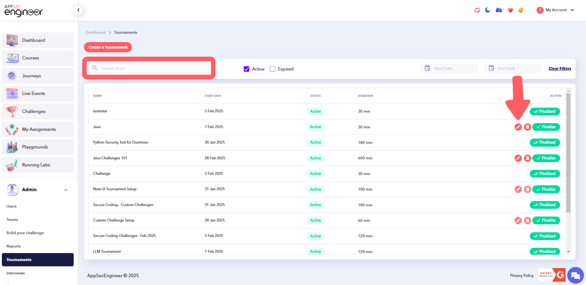 Screenshot of scrolling down the list of tournaments or using the Search Bar to find a specific tournament to edit in the AppSecEngineer Learning Platform