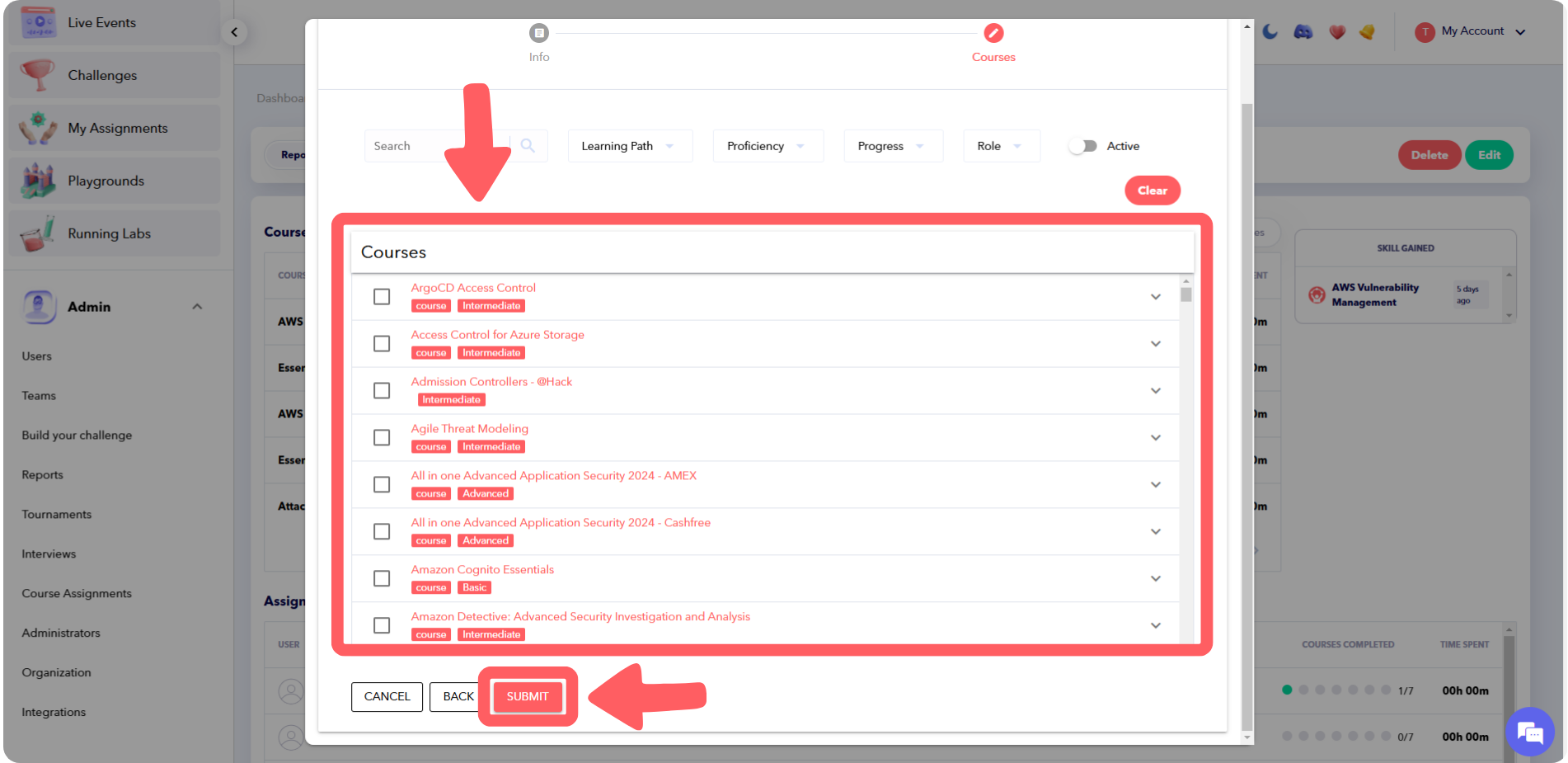 Screenshot of reviewing and updating courses assigned to a user, then submitting changes in the AppSecEngineer platform.