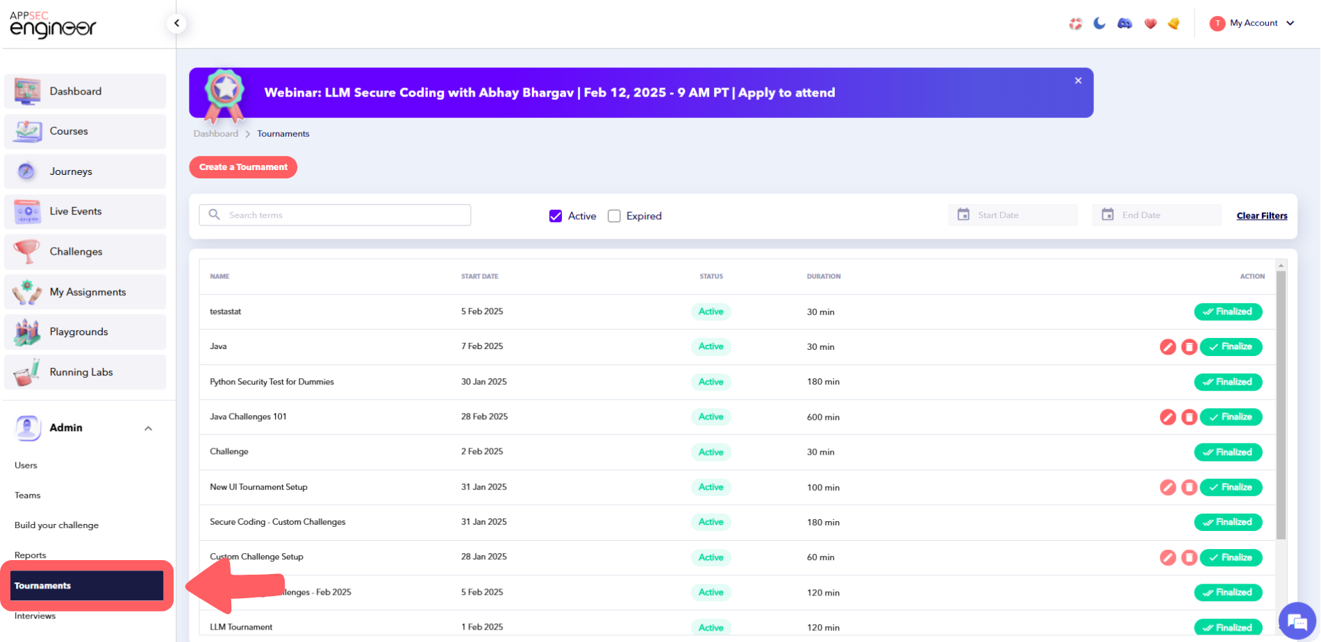 Screenshot of navigating to Tournaments in the Admin section through the Dashboard sidebar menu in the AppSecEngineer Learning Platform.