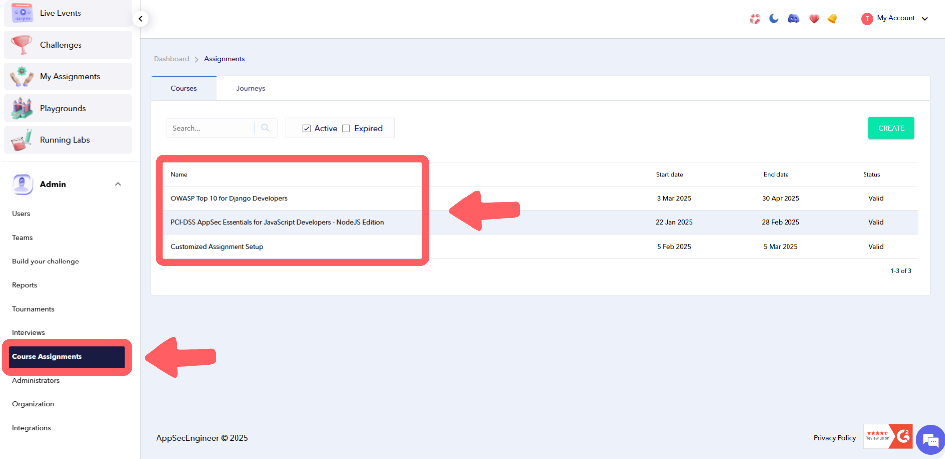 Screenshot of clicking on 'Course Assignments' under the Admin menu in the AppSecEngineer platform.