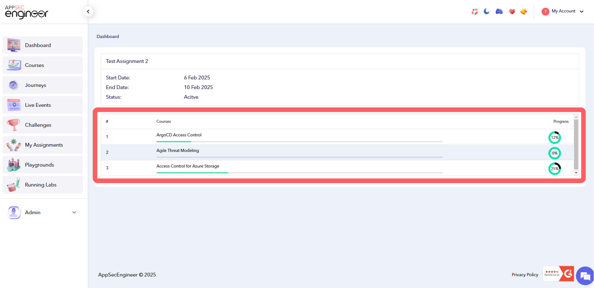 Screenshot of locating and clicking on a course assignment from the list of assessments in the AppSecEngineer platform.