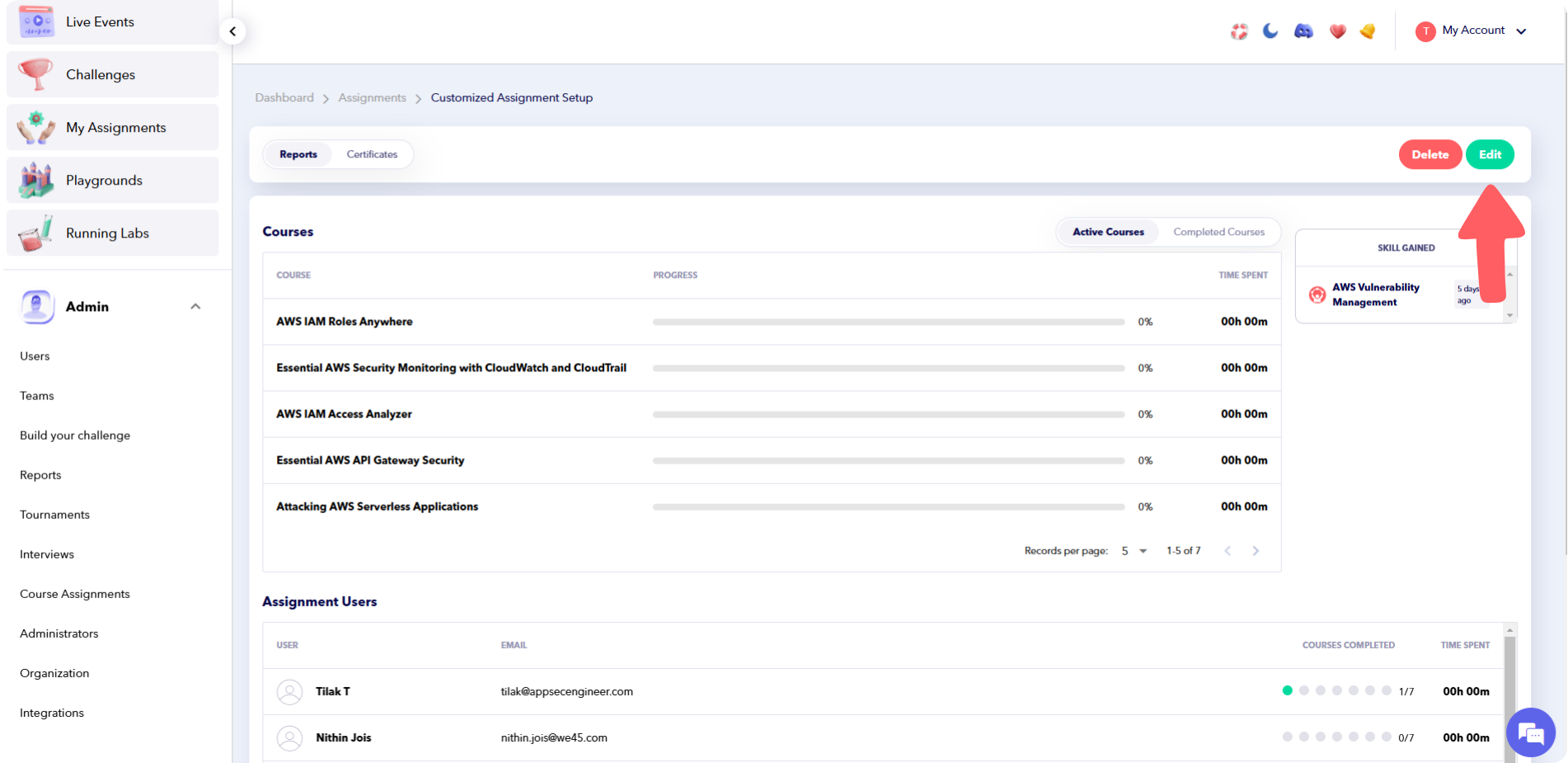 Screenshot of selecting an assignment and clicking 'Edit' in the AppSecEngineer platform.