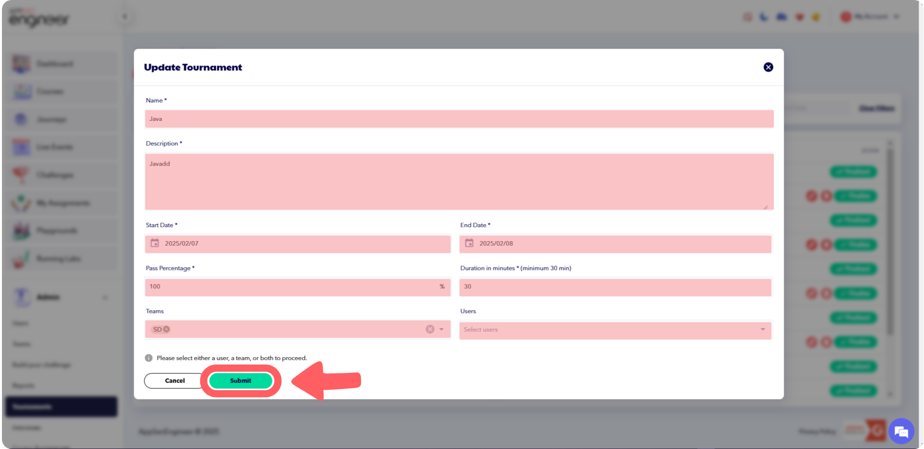 Screenshot of updating tournament details like name, description, dates, pass percentage, participating users, and challenges in the AppSecEngineer platform.