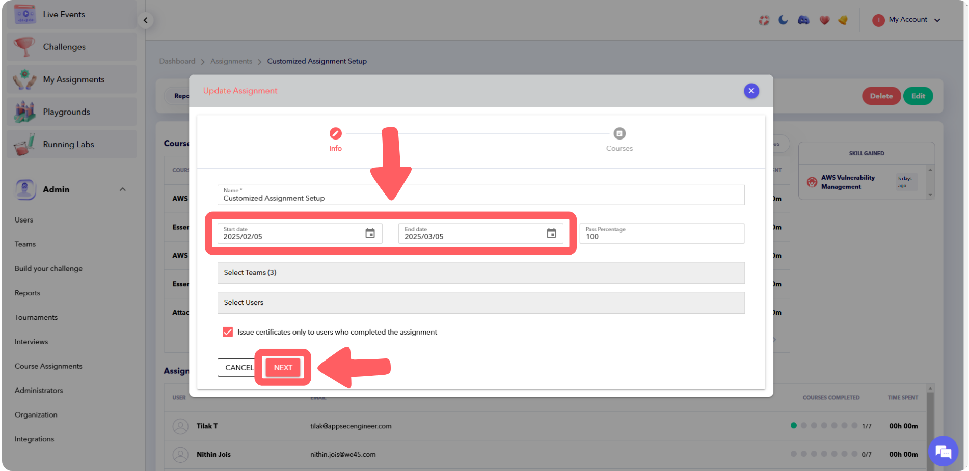 Screenshot of updating the start and end dates for an assignment and clicking 'Next' in the AppSecEngineer platform.