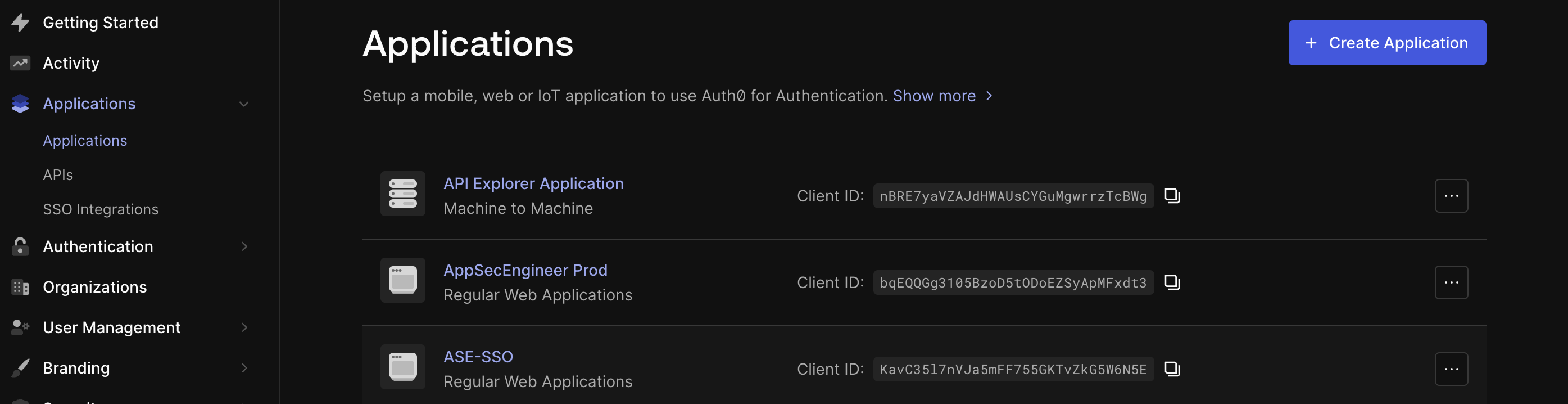 Auth0 Applications dashboard displaying a list of registered applications with client IDs.