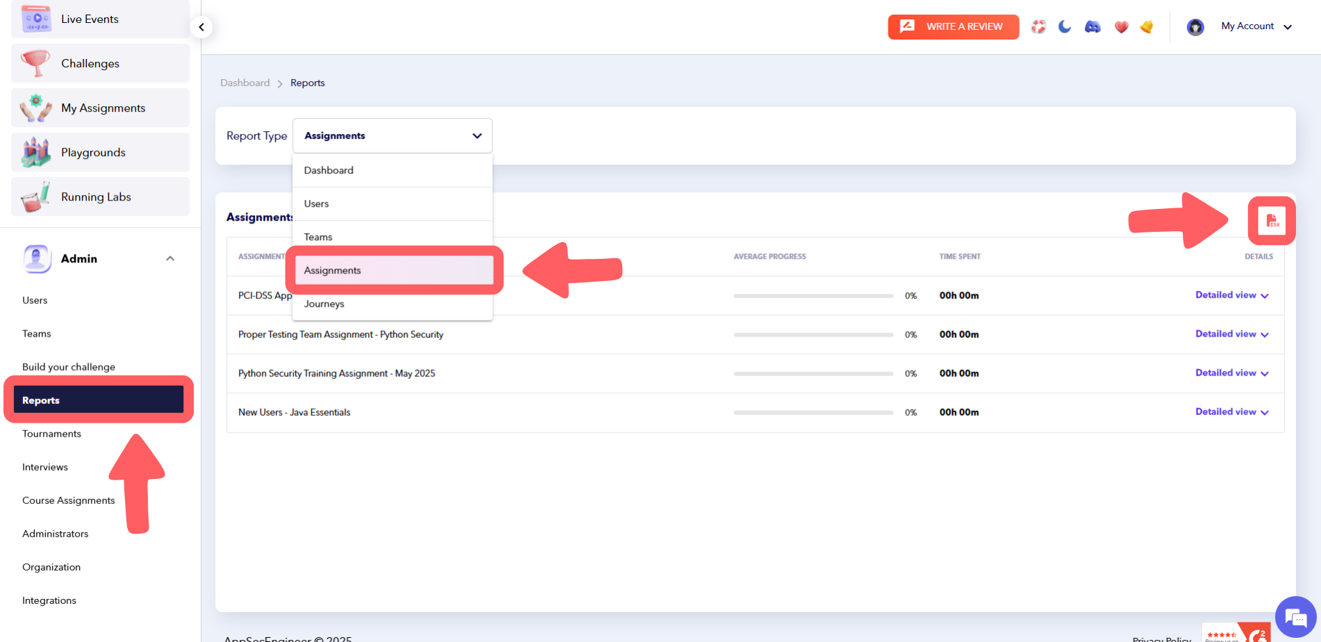 Assignment report view with export and filter options.