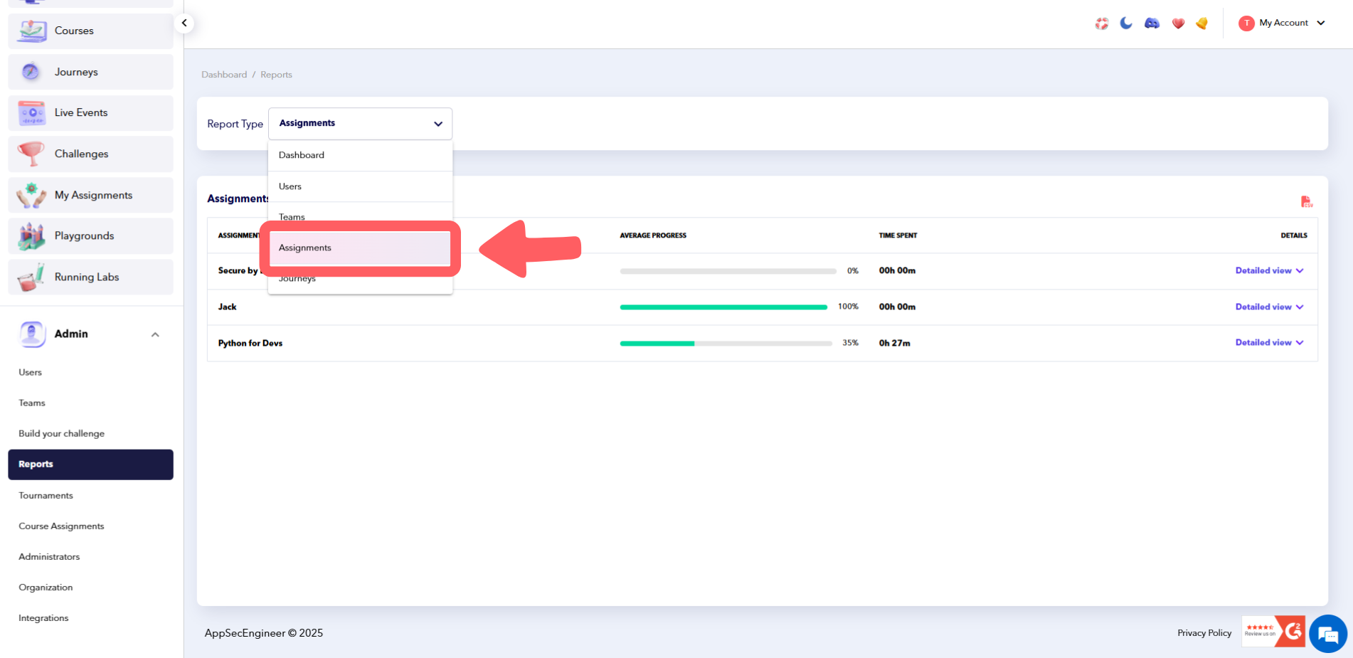 Screenshot of  report Page of AppSecEngineer's Learning Dashboard