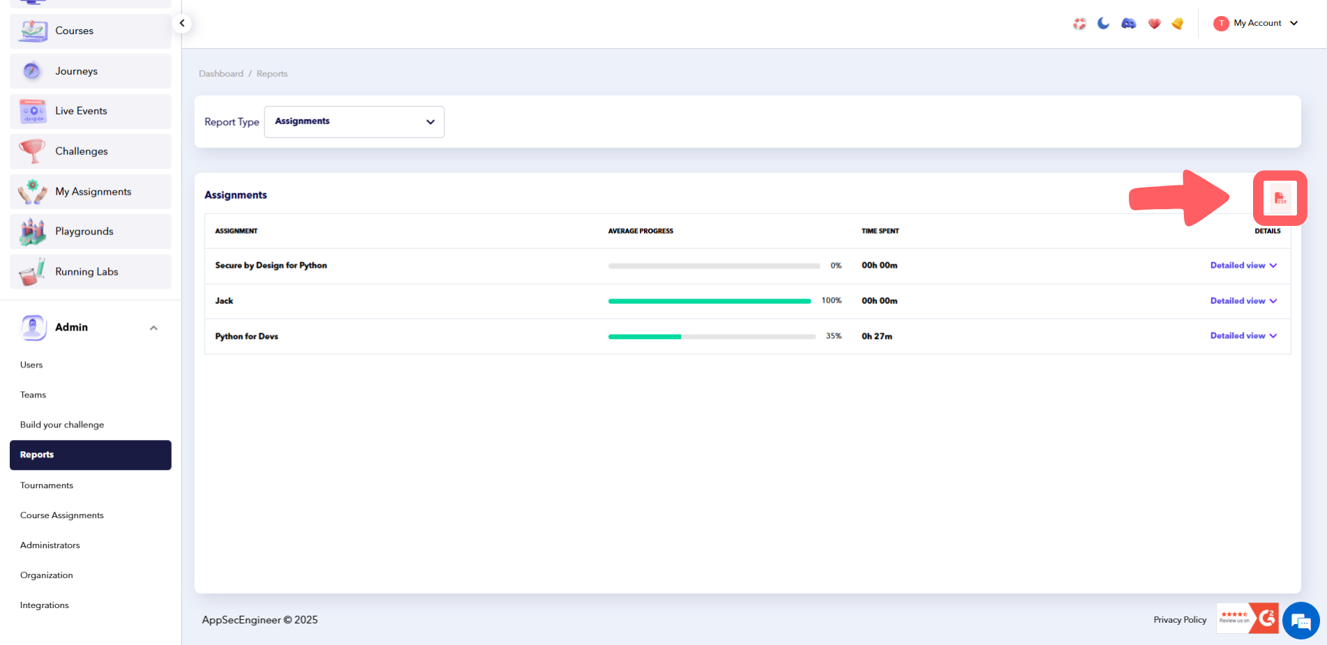 Admin dashboard showing assignment progress with a highlighted CSV download icon.