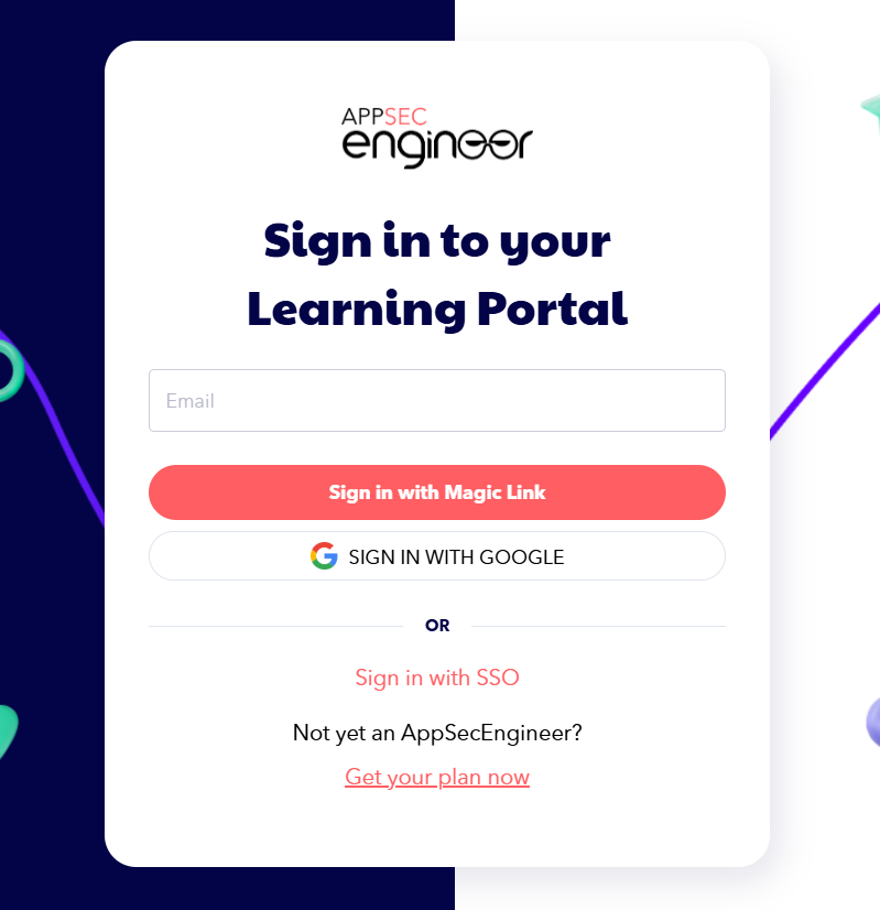 AppSecEngineer login page with options for signing in via Magic Link, Google, or SSO.