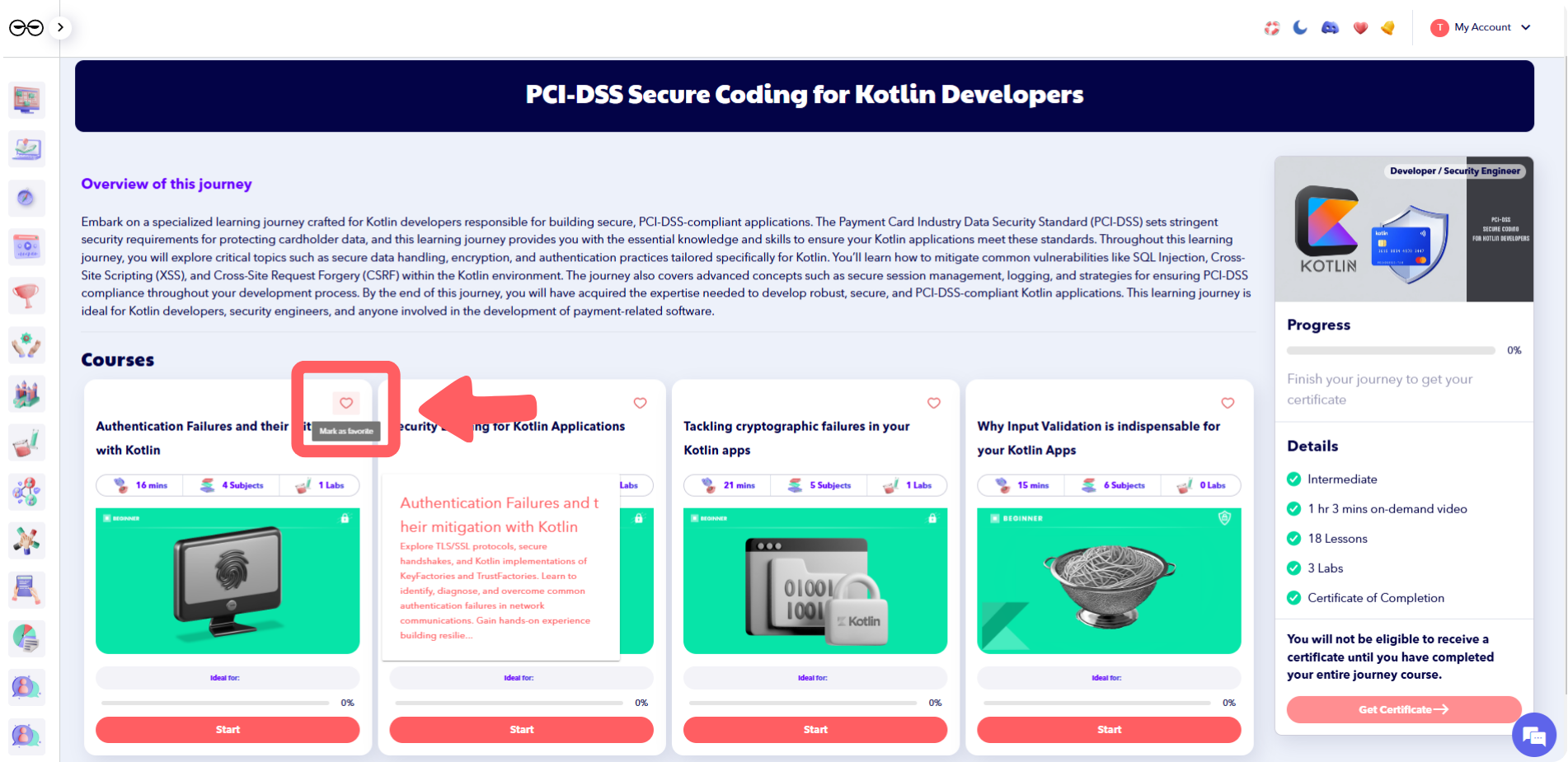 PCI-DSS Kotlin course page with a highlighted favorite button.