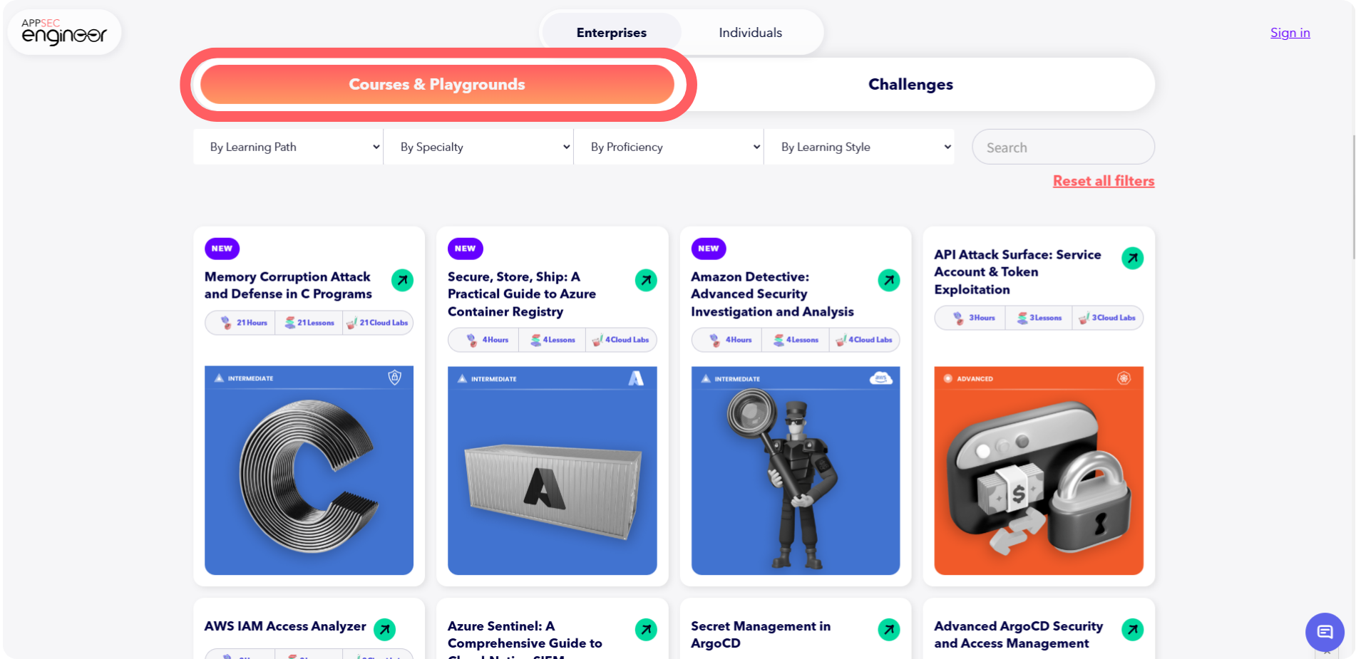 AppSecEngineer 'Courses & Playgrounds' section with cybersecurity training courses and filtering options.