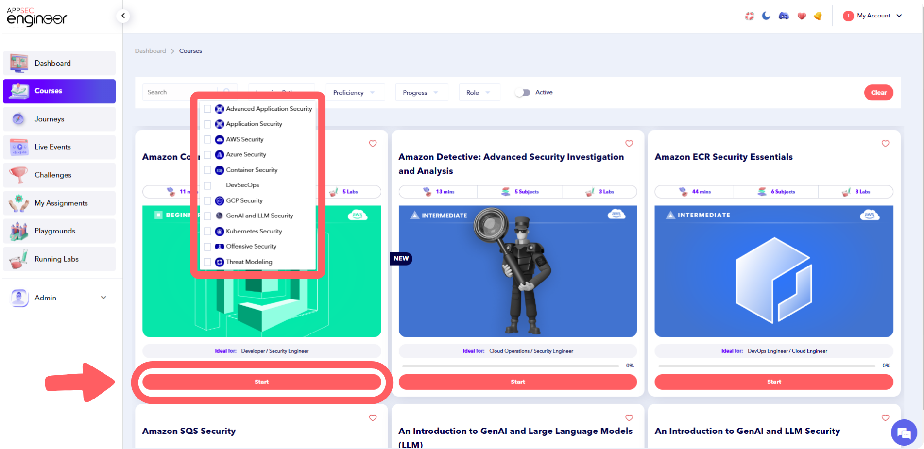 AppSecEngineer course selection with category filter and start button highlighted.