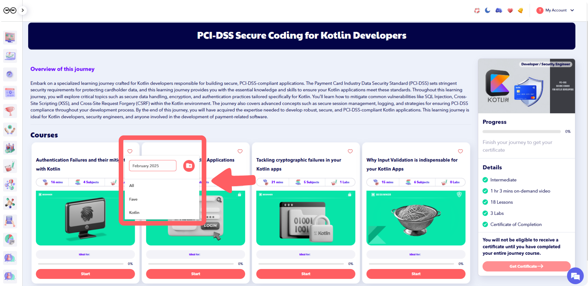 PCI-DSS Kotlin course page with a highlighted favorite filter menu.