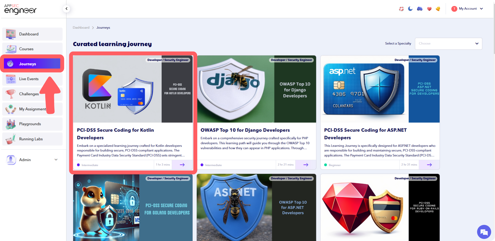 Curated Learning Journeys dashboard with highlighted 'Journeys' tab and PCI-DSS Secure Coding for Kotlin Developers course.