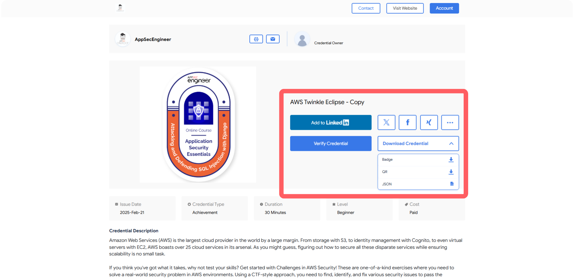AppSecEngineer certificate page with options to add to LinkedIn, verify, and download.