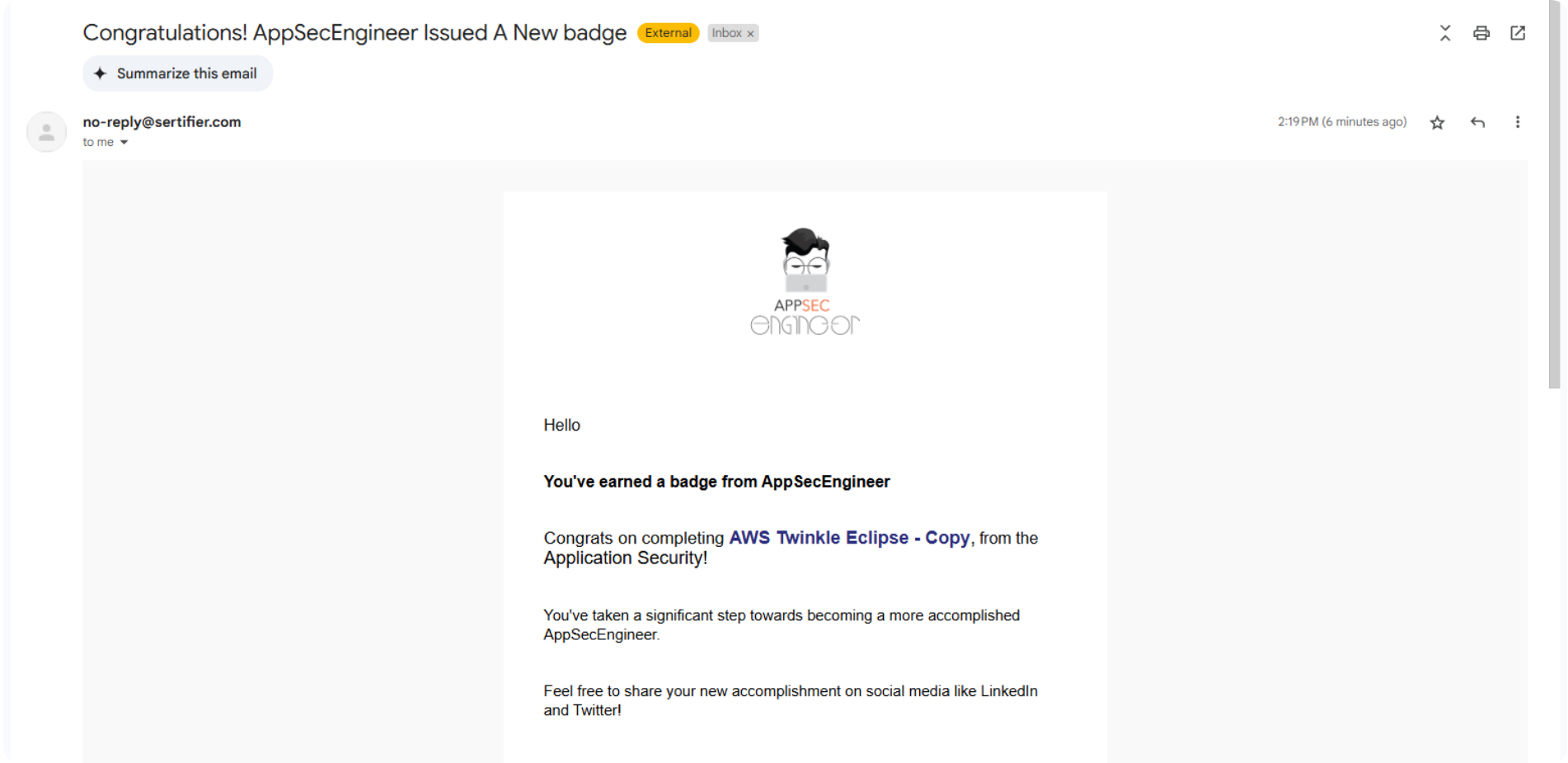 Email notification of earning a new badge from AppSecEngineer.