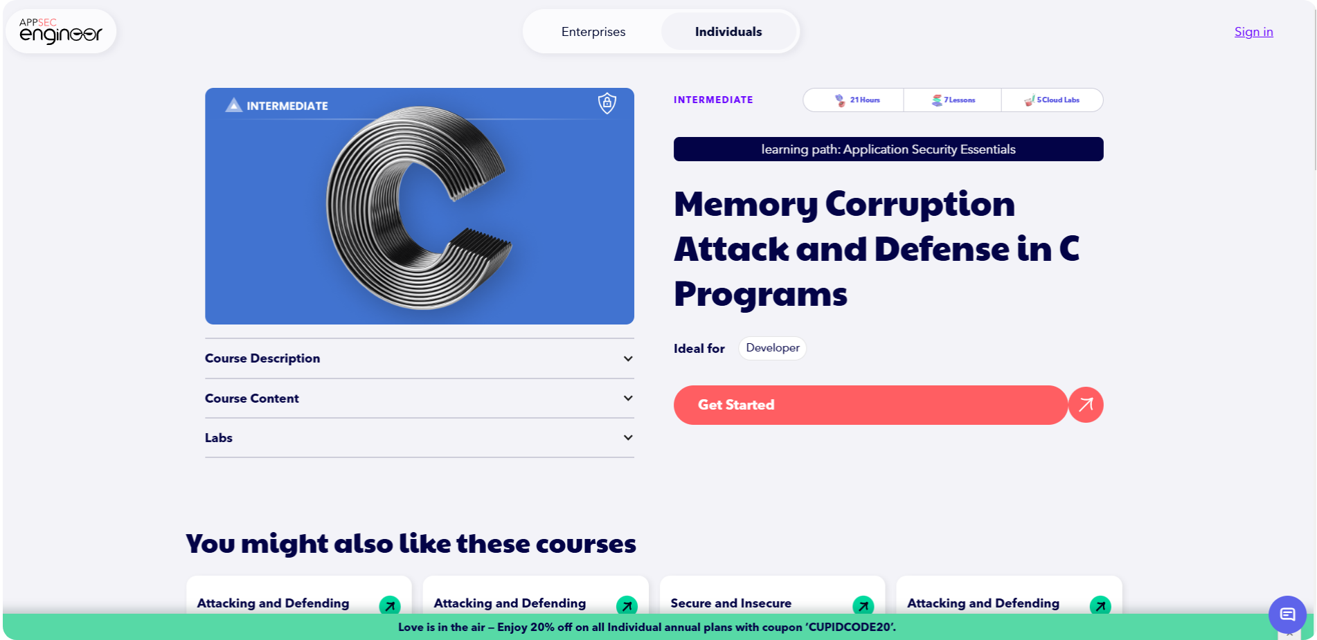 Memory Corruption Attack and Defense in C Programs course page on AppSecEngineer.